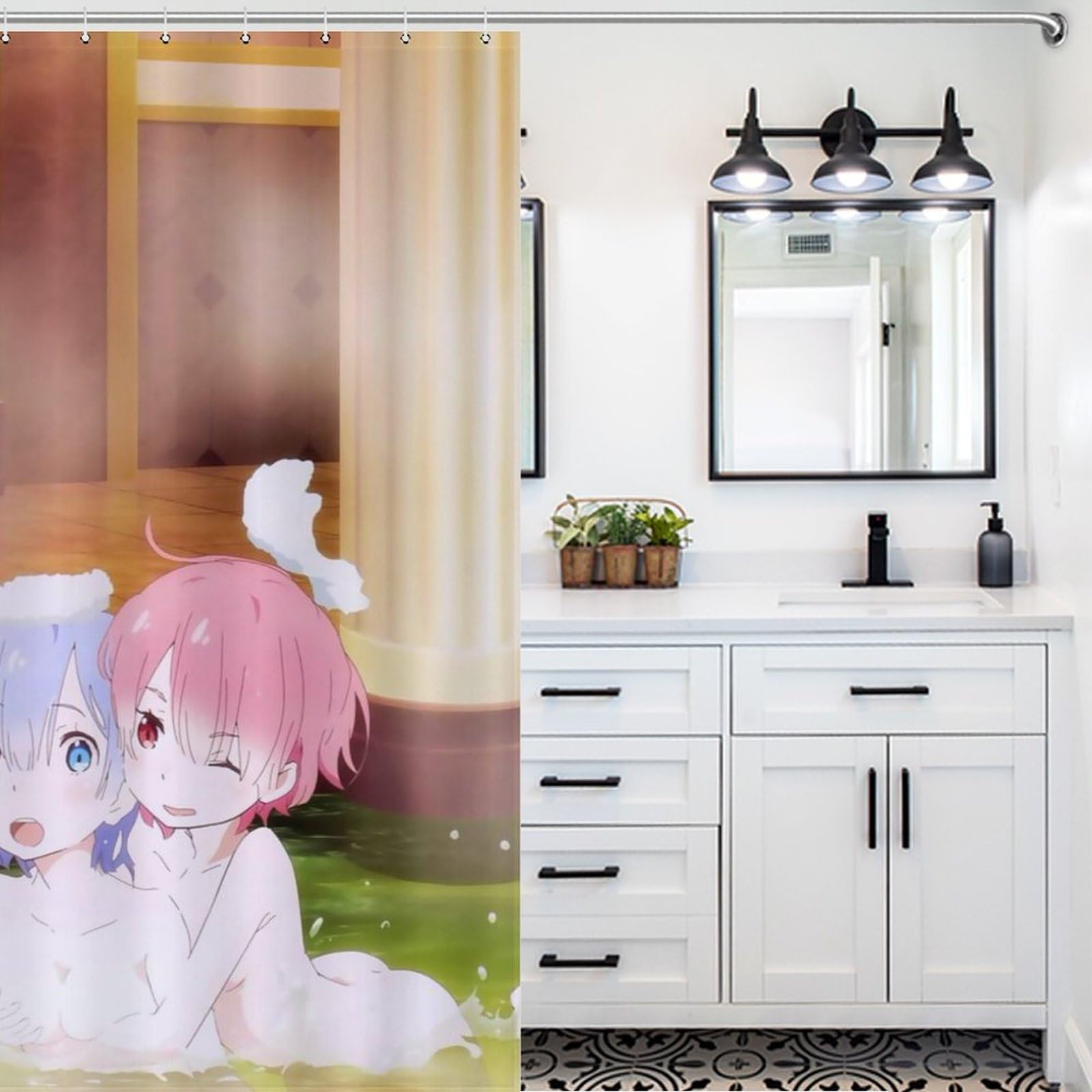要問い合わせ❤コメント割引　お姫様　宮殿　ルーム　シャワーカーテン Amazon｜シャワーカーテン エミリア レム ラム アニメ お風呂カーテン